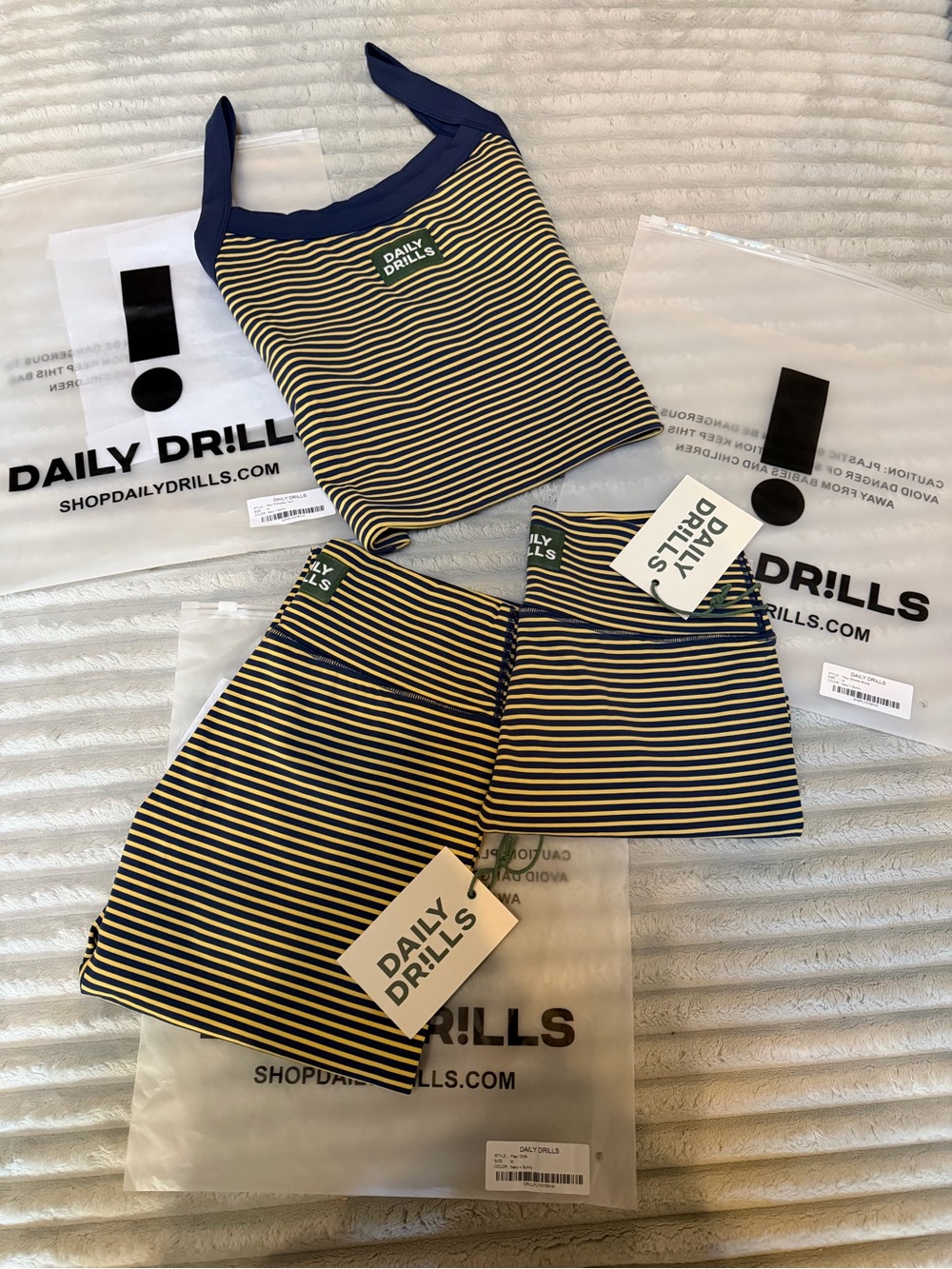 Daily Drills Navy and Yellow Striped Tank Top, Leggings & Shorts Set